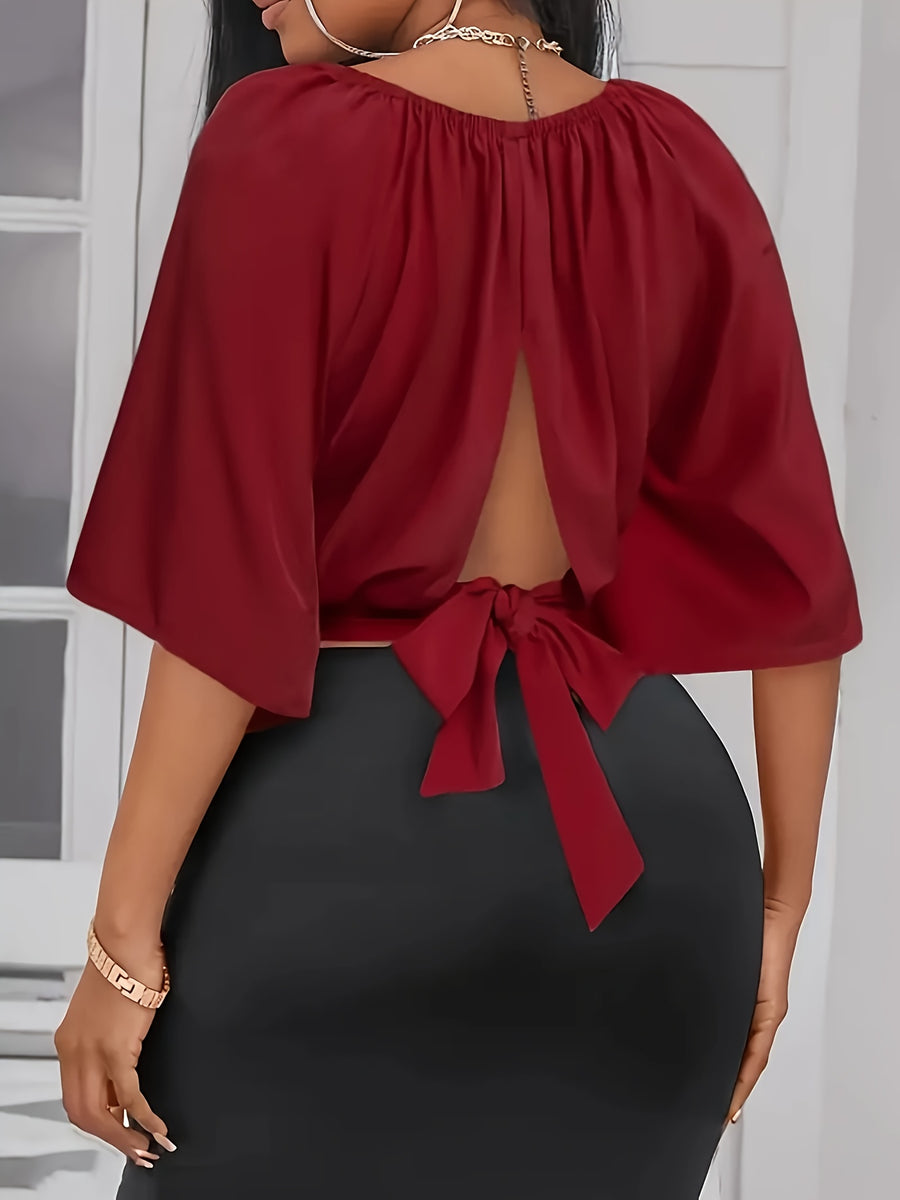 Tie Back Ruched Blouse, Elegant Solid Color Blouse For Spring & Summer, Women's Clothing - Burgundy