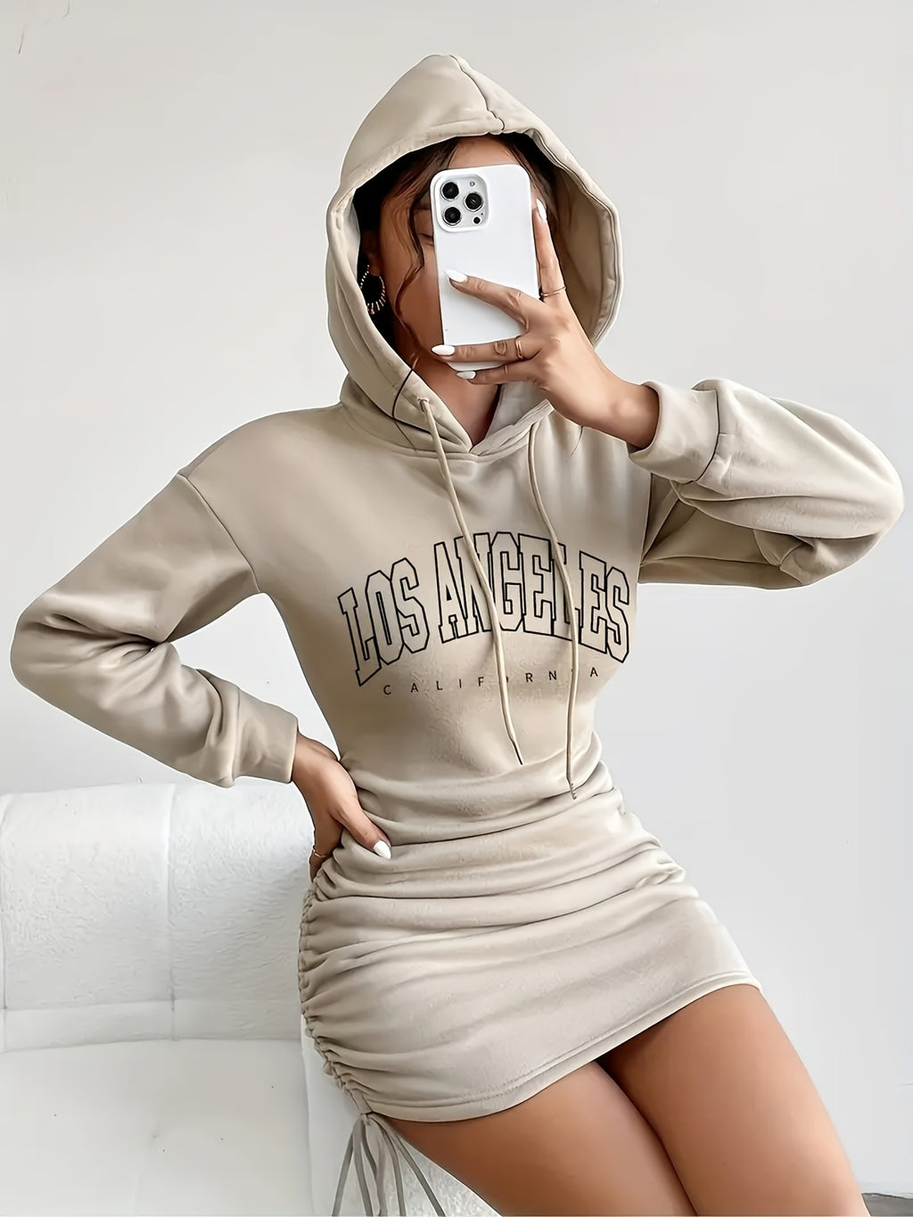 Women's Petite Drawstring Side Pleat Print Hooded Dress - Apricot