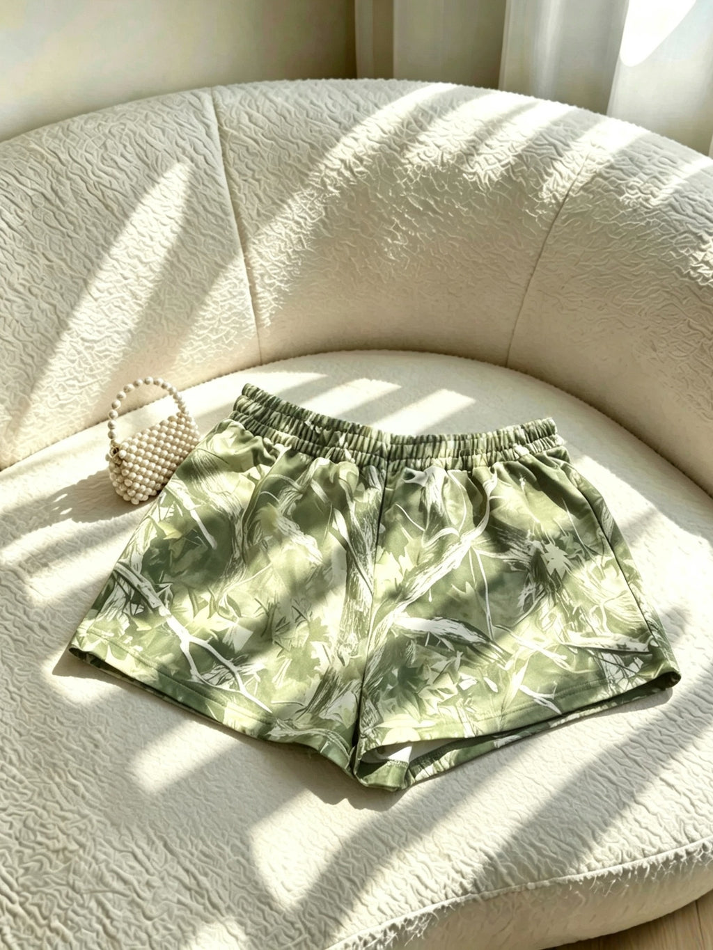 Women'S Summer Solstice 1pc Forest Branch Print Casual Shorts, High-Waist Elastic Waist Loose Hot Pants, Women'S Spring/Autumn Outdoor Street Commute Comfortable Breathable Individual All-Match Style - Tactical Green