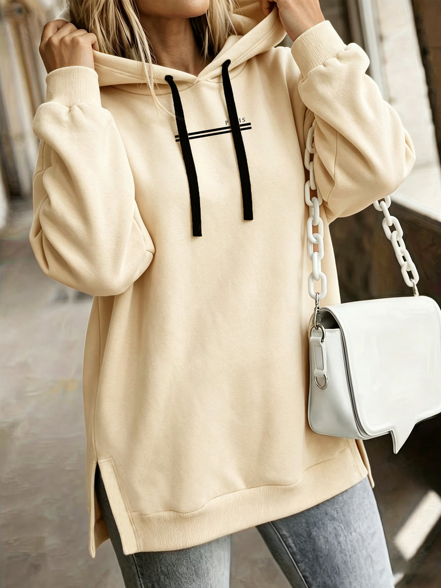 Women'S Fashion Hooded Sweatshirt for Autumn And Winter - Pattern Print Design, Side Slit Detail, Pullover Hoodie - Apricot
