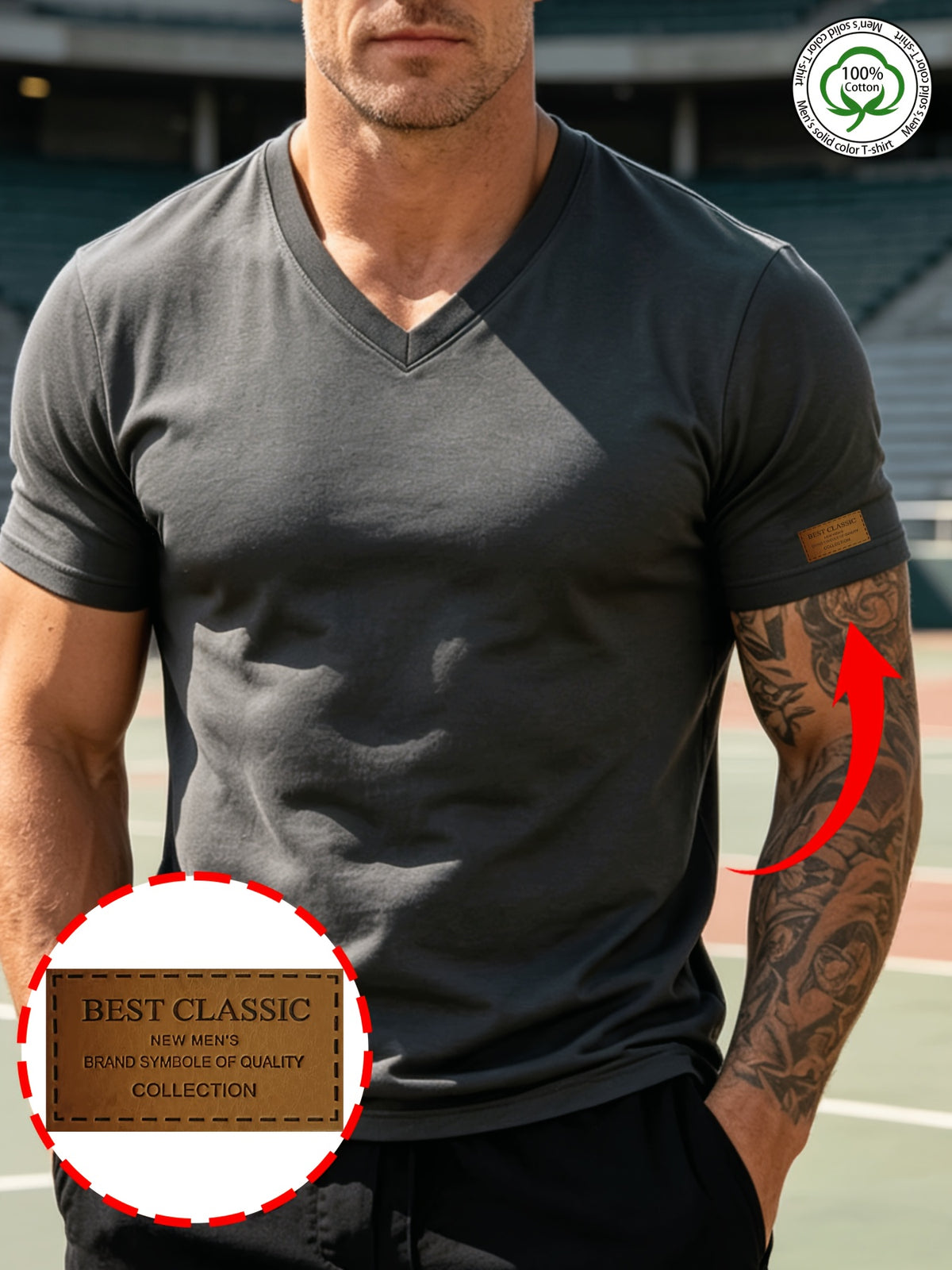 100% Cotton Men's Pure Cotton Casual V-Neck Solid Color Short Sleeve Shirt, Zhangzi Design Basic Classic Style, Breathable and Smooth, Versatile Top for Business Layering, Outings, Shopping, or Sports - Dark Gray
