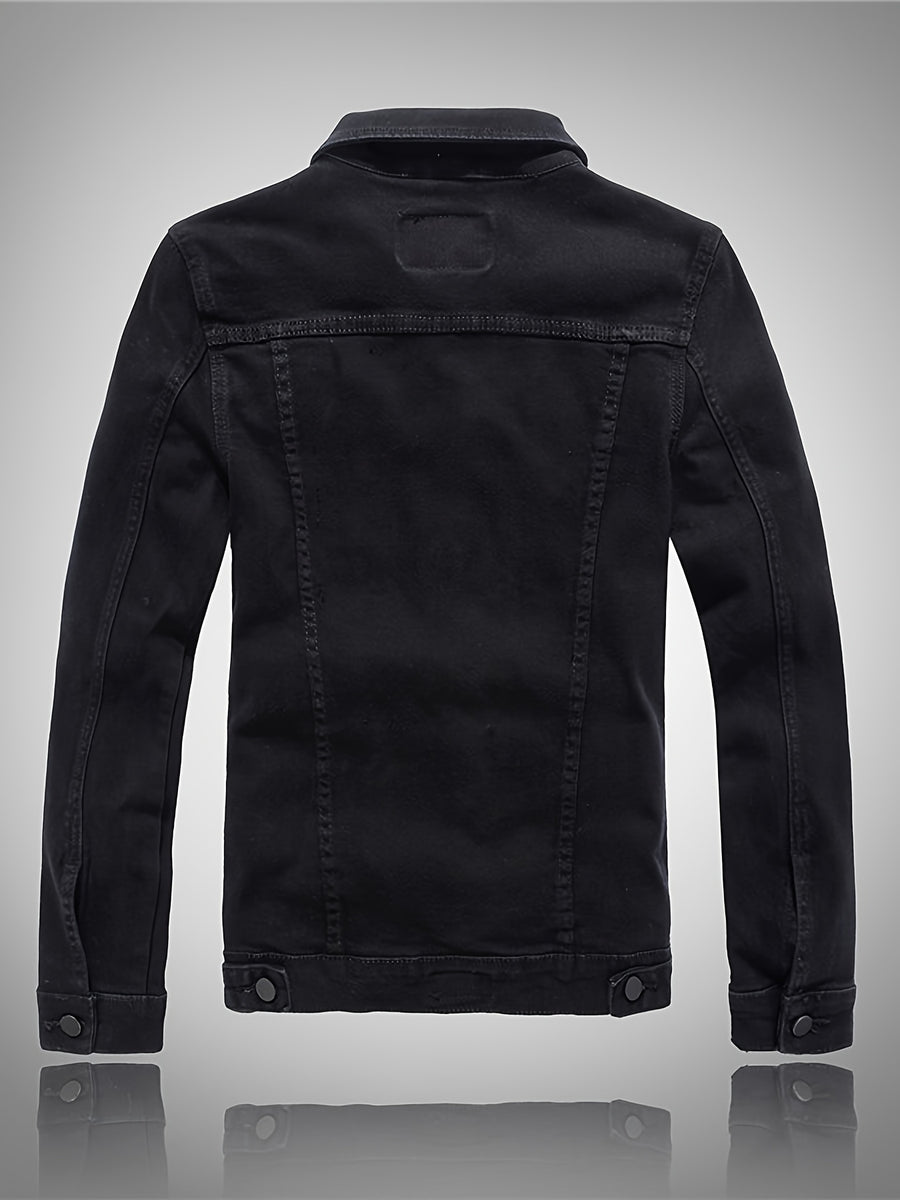 Men'S Denim Jacket, Trendy Men'S Long Sleeve Denim Jacket, Men'S Washed Denim Jacket, Casual Denim Jacket - Black