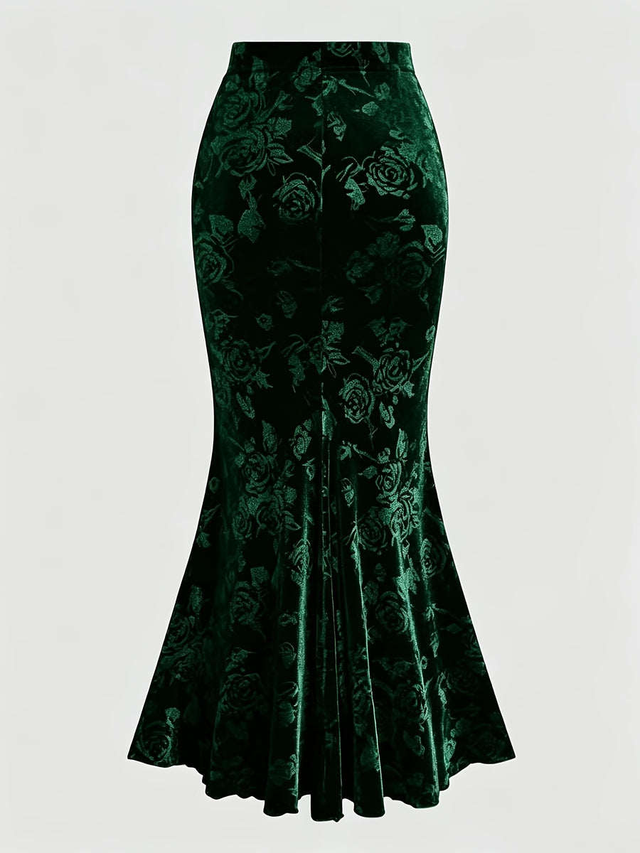 Elegant Velvet Three-Dimensional Rose Embossed Mermaid Skirt, Baita Fashion Dress - Dark Green