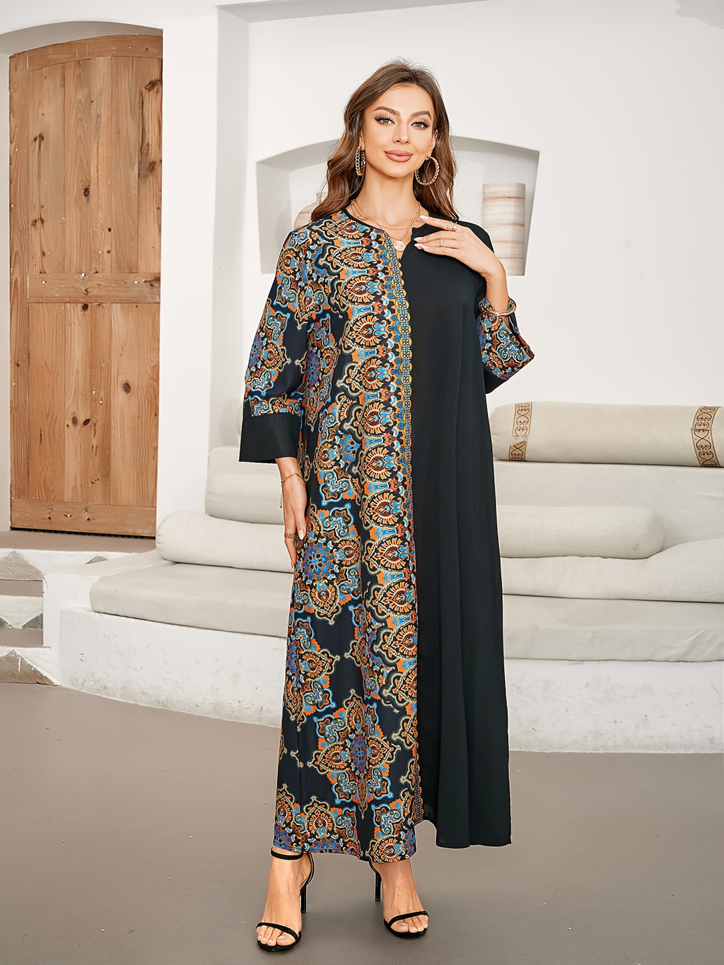 Printed Patchwork Long Dress Caftan - Black
