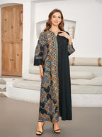 Printed Patchwork Long Dress Caftan - Black