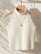 Women's Half-Turtleneck Lace Patchwork Vest, Sweet & Spicy Style, Mature Yet Youthful Look, Outerwear Top - Ivory White