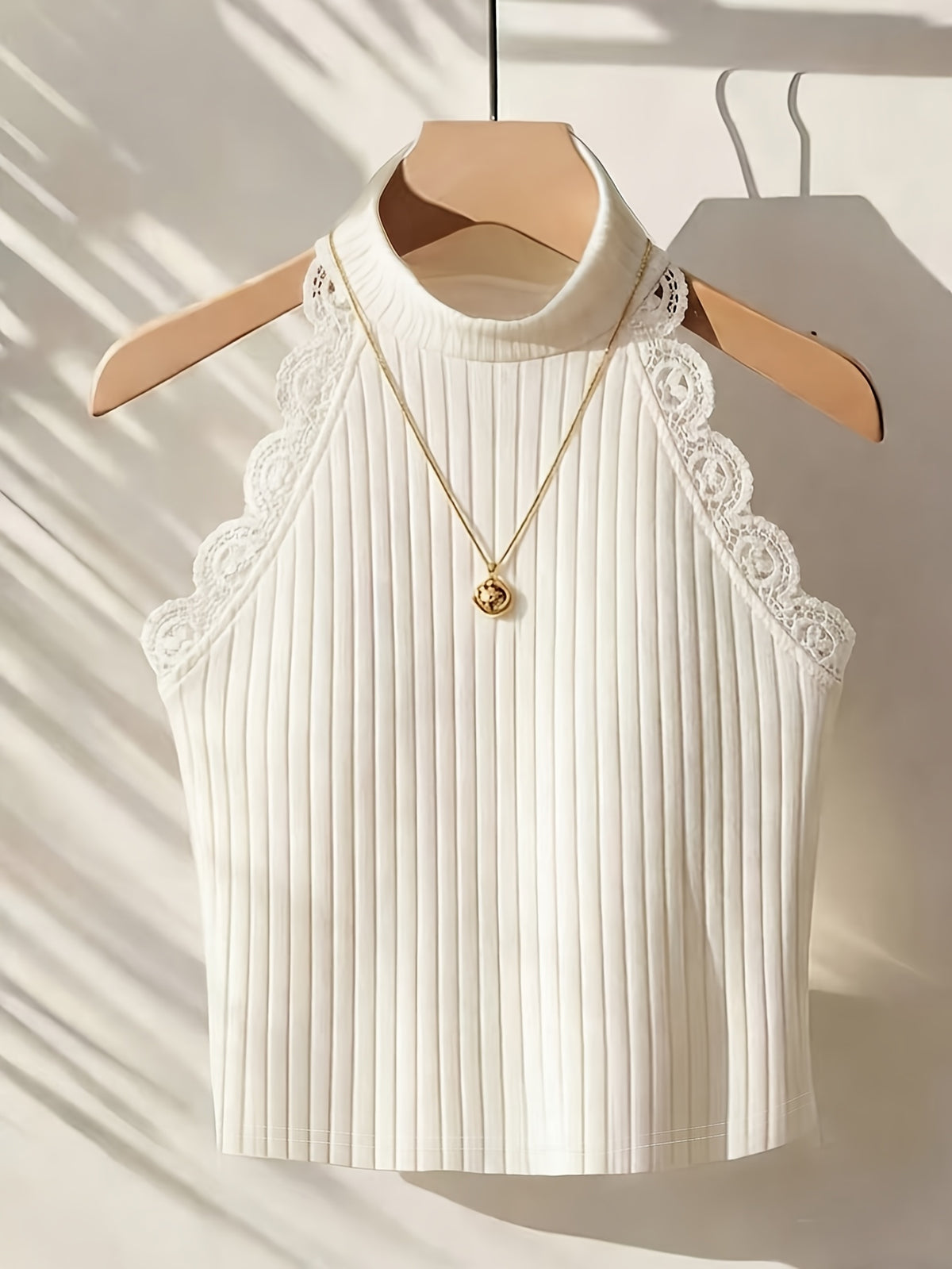 Women's Half-Turtleneck Lace Patchwork Vest, Sweet & Spicy Style, Mature Yet Youthful Look, Outerwear Top - Ivory White
