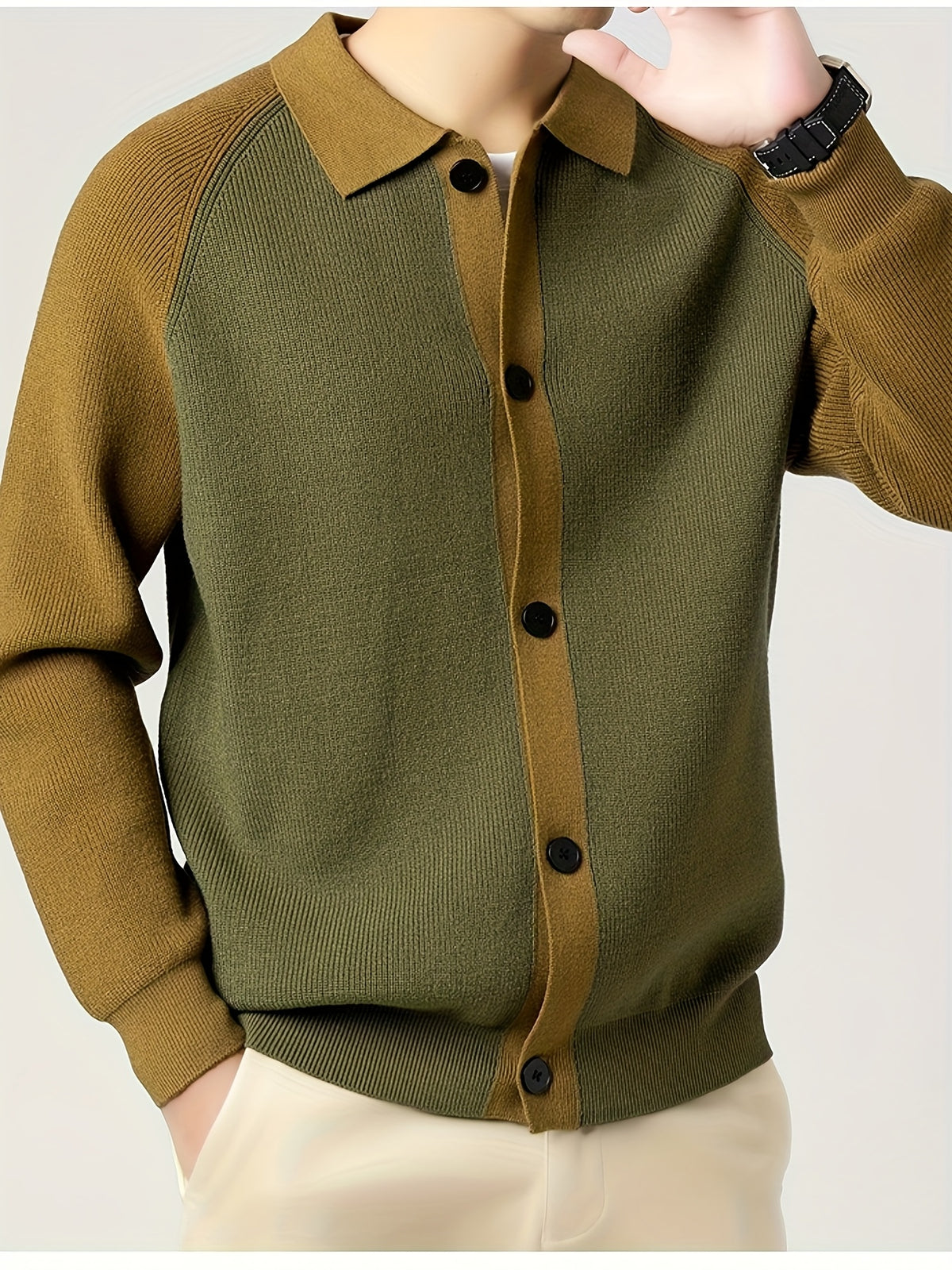 New High-Quality Lapel Button Knit Cardigan, Loose Fit, Fashionable Casual Color-Block Men's Wear, Stylish and Handsome Wool-Blend Warm Top, Autumn/Winter Men's Sweater Jacket K523 - Green