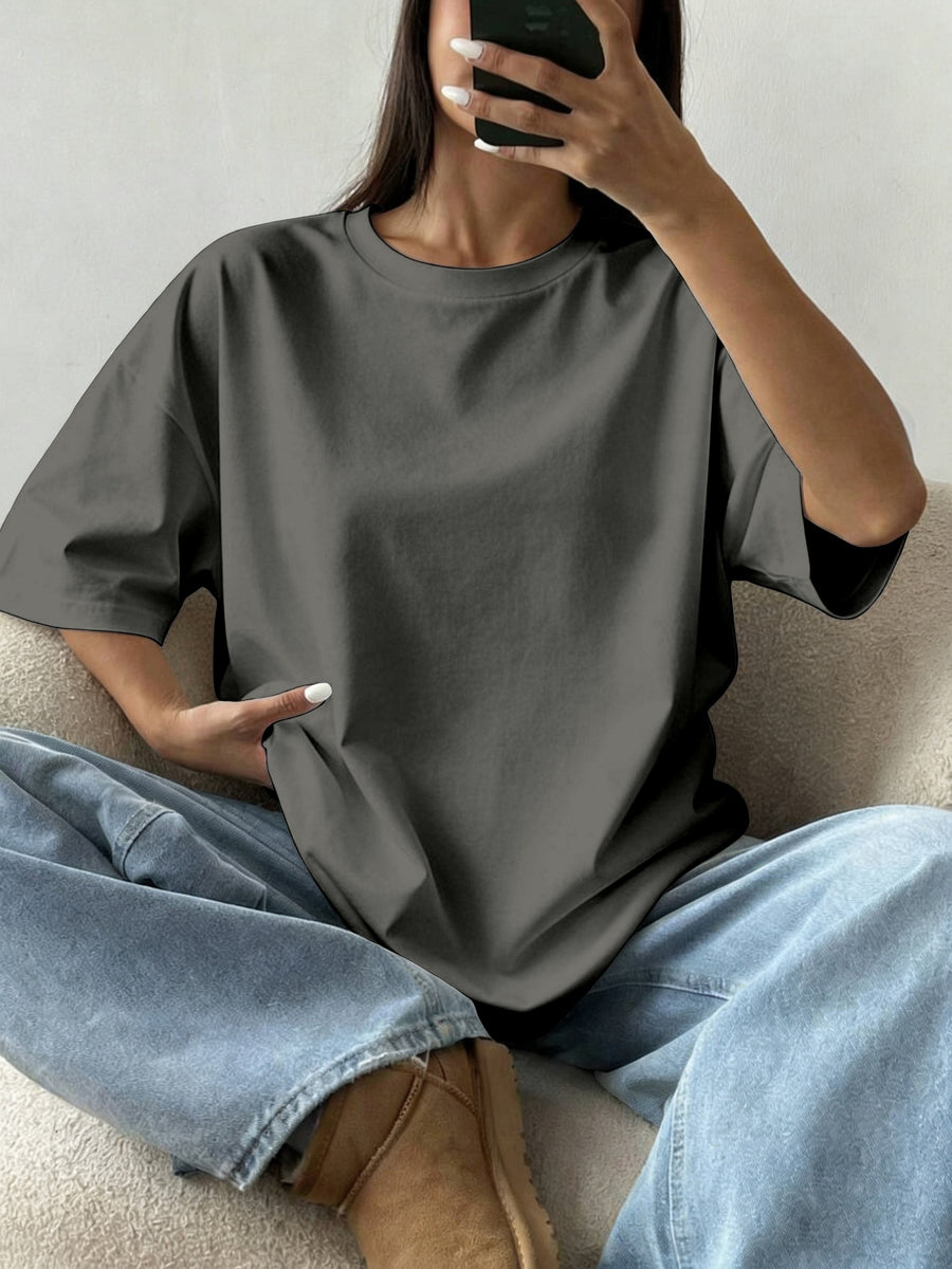 Women's Oversized Round Neck T-Shirt - Lightweight Short Sleeve Blouse Basic Solid Color Top | Spring Summer Casual Loose Fit Pullover, Machine Washable Suitable for Casual Attire, Office, Lounge & Layering - Dark Gray