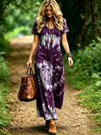 Plus Size, Plus-size Women's V-neck Dress for Spring/summer, Bohemian Style, Comfortable and Lightweight, Perfect for Beach Vacations, Fashionable and Versatile - Purple