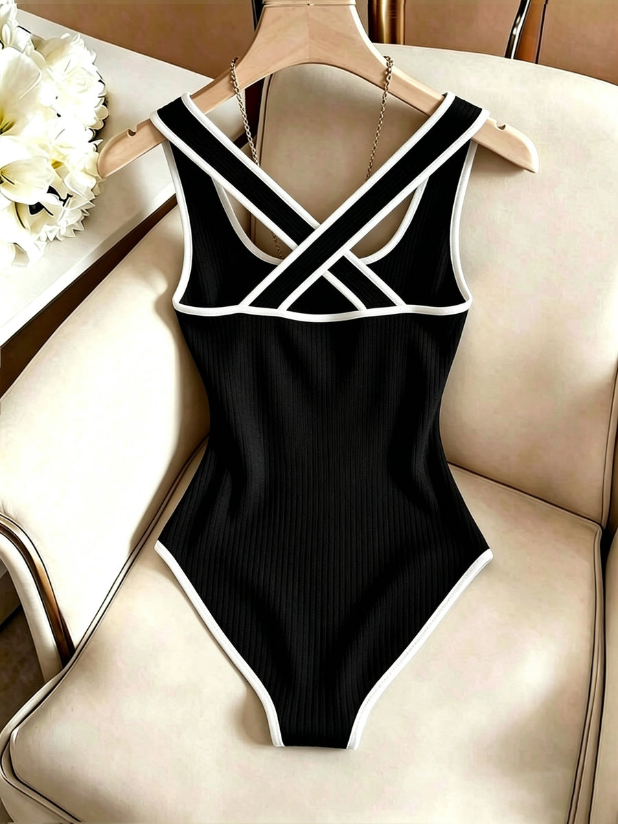 Contouring Black Trim Contrast Ribbed Stretch Women'S Elegant Tight Top Without Additions - Black