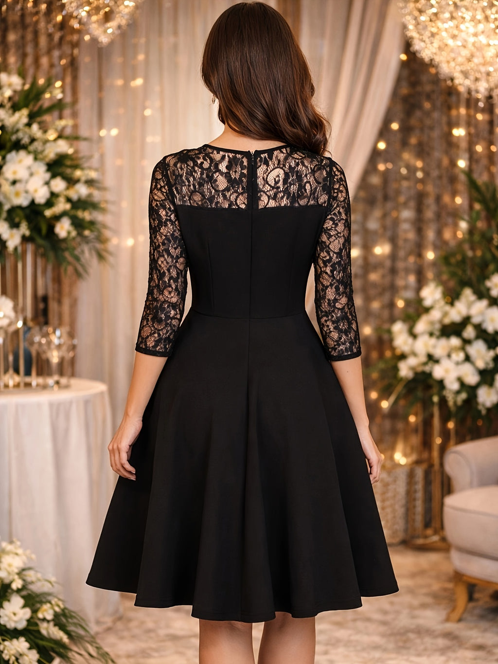Elegant Women'S Dress, Black Lace Three-Quarter Sleeve A-Line Dress, Temperament Style, Suitable for Wedding Guests, Evening Parties, And Formal Occasions - Black