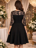 Elegant Women'S Dress, Black Lace Three-Quarter Sleeve A-Line Dress, Temperament Style, Suitable for Wedding Guests, Evening Parties, And Formal Occasions - Black