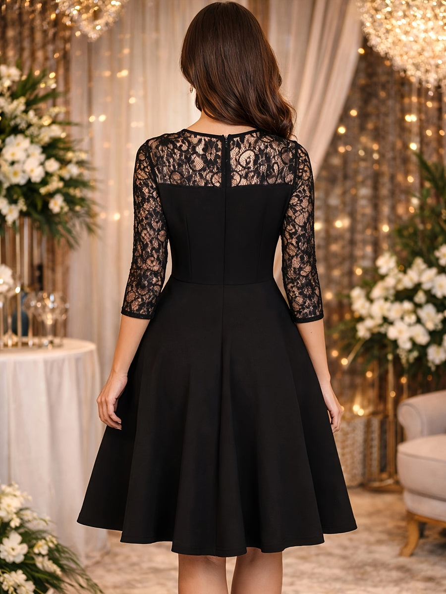 Elegant Women'S Dress, Black Lace Three-Quarter Sleeve A-Line Dress, Temperament Style, Suitable for Wedding Guests, Evening Parties, And Formal Occasions - Black