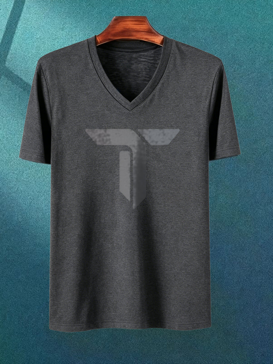 Men's V-neck Pure Cotton Short Sleeve Geometric Logo Design Leisure T-shirts Outdoor Sports Home Essentials Machine Washable and Hand Washable - Dark Gray