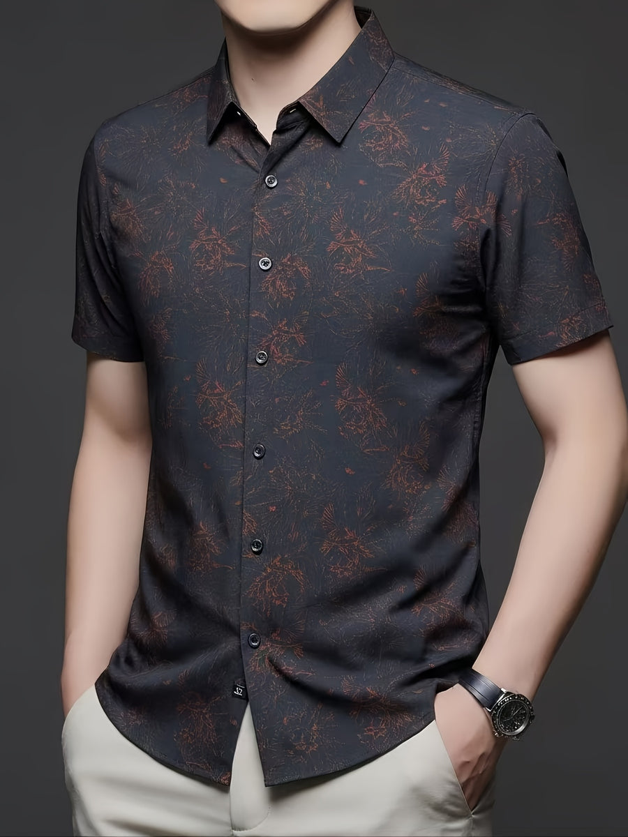 Holiday Gift, Men's, Casual, Seamless, Printed, Short-sleeve Shirt, Cool and Wrinkle-resistant, Fashionable Cardigan - Coffee Color