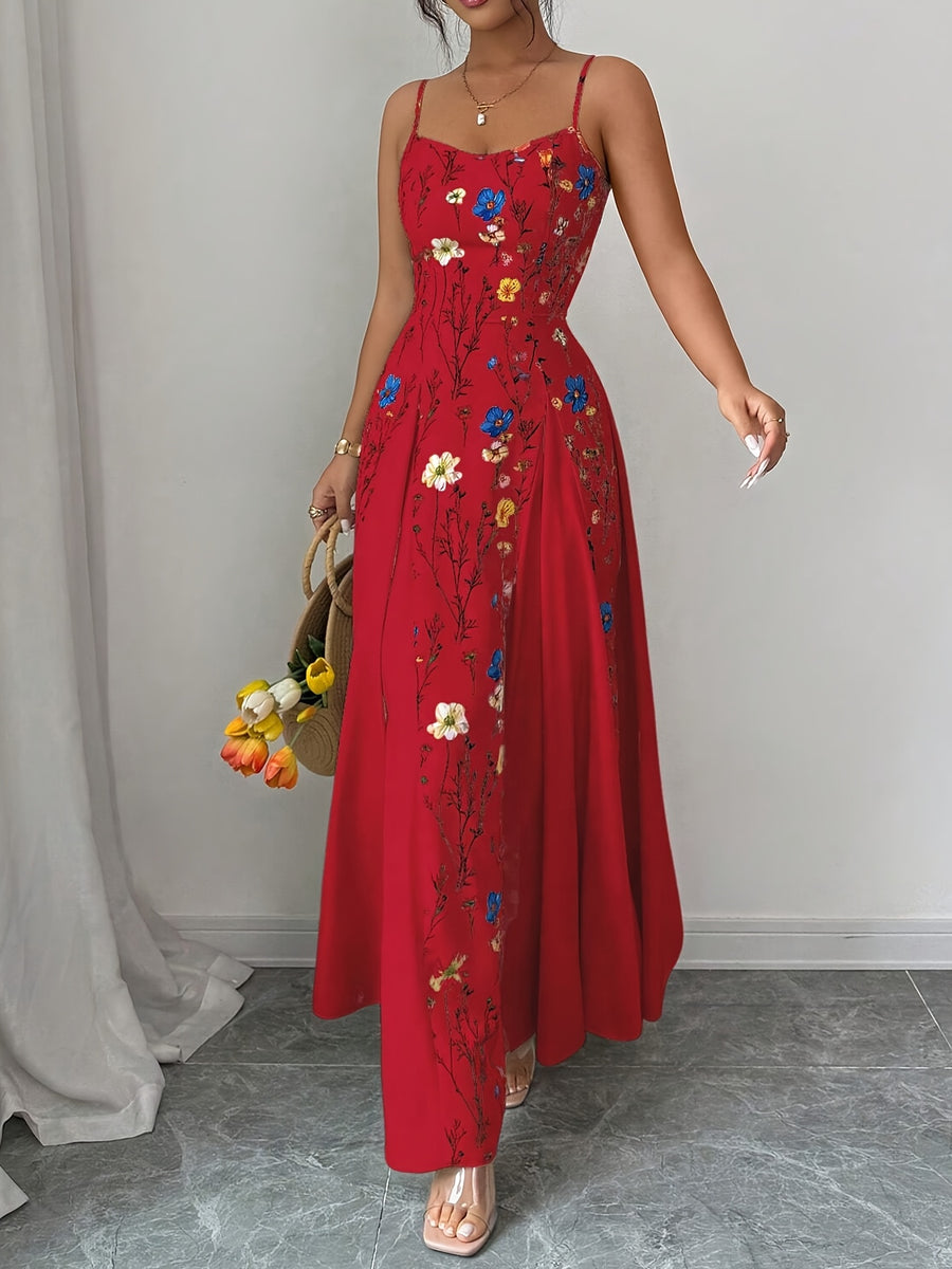 Spring And Summer New Elegant Resort European And American Fashion Trend Casual Women'S Clothing Floral Print Sleeveless Square Neck Suspender Dress - Red