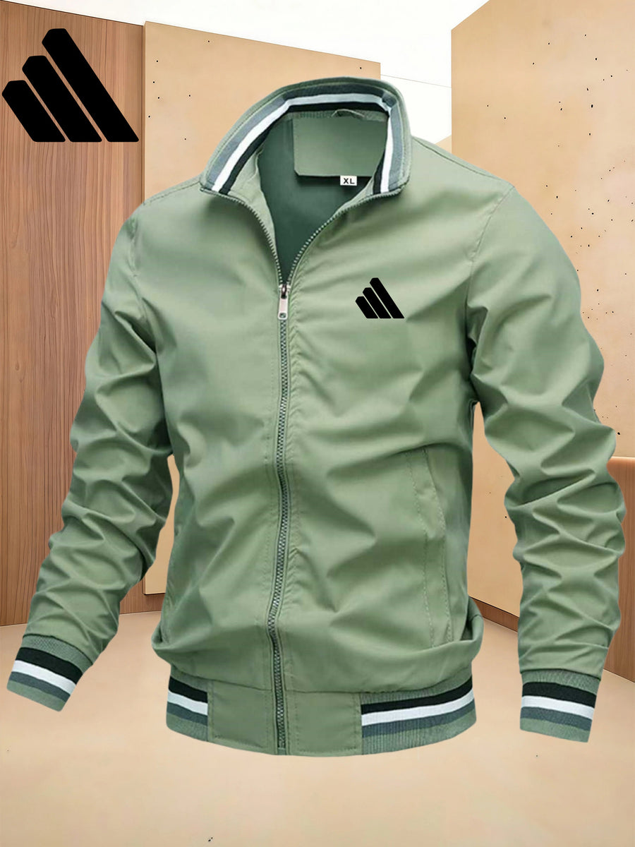 Men'S Sports Solid Color Stand-Up Collar Jacket, Color Striped Rib Hem, Lightweight And Windproof, Creative Three-Bar Totem Design Elements, Suitable for Jogging in Spring And Autumn, Daily Casual Versatile - Light Green