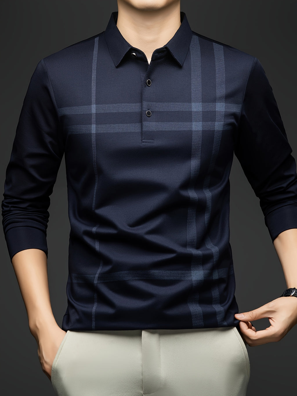 Men'S Striped Long Sleeve Shirt, Casual Commuter Versatile T-Shirt, Lapel Men'S Outdoor Athletic Wear, Easy Long Sleeve Lapel Business T-Shirt, Comfortable Breathable Middle-Aged Men'S Clothing - Navy Color