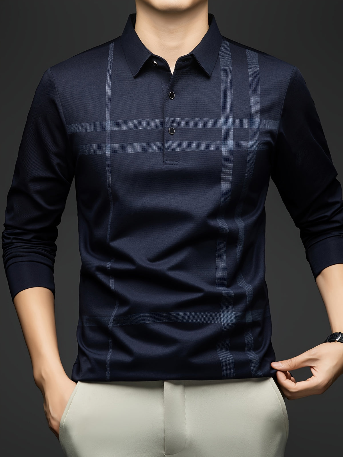 Men'S Striped Long Sleeve Shirt, Casual Commuter Versatile T-Shirt, Lapel Men'S Outdoor Athletic Wear, Easy Long Sleeve Lapel Business T-Shirt, Comfortable Breathable Middle-Aged Men'S Clothing - Navy Color