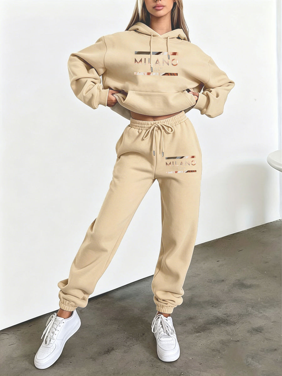 Autumn/Winter Trendy Fashion Women's Hooded Drawstring Sweatshirt and Sweatpants Set, Metallic Gradient MILANO City Text Print, Light Luxury Metallic Texture, Italian Vintage Urban Style. Hooded Drawstring Design, Sweatshirt with Front Kangaroo - Apricot