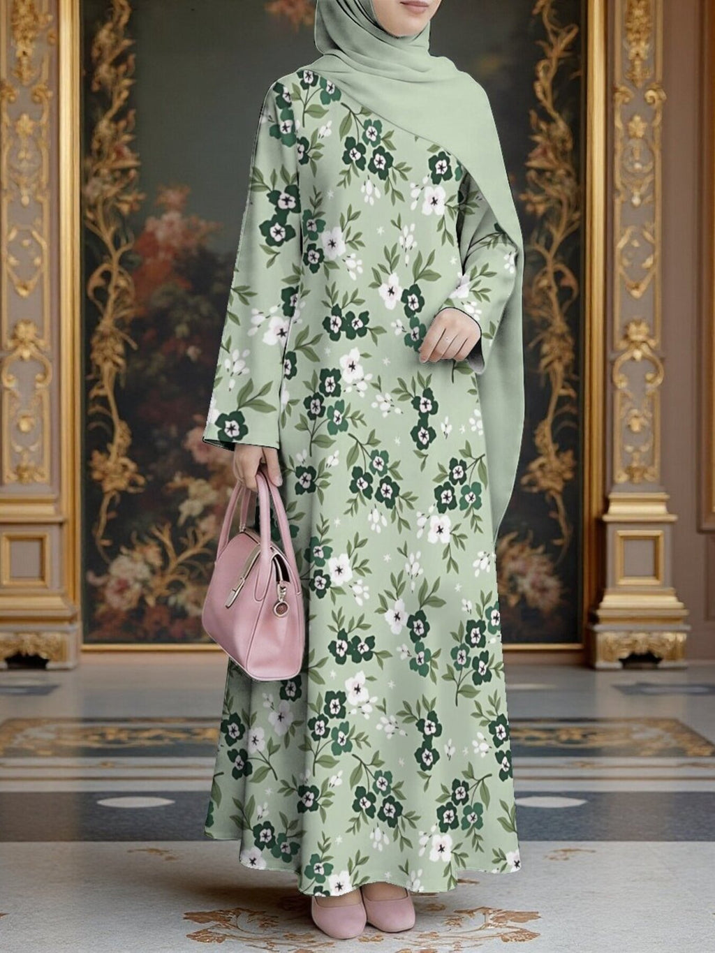 Women'S Middle Eastern Style Muslim Elegant Robe Dress, Suitable for Malaysian Dress, Indonesian Saudi Fresh Floral Muslim Long Skirt, Loose A-Line Long Sleeve Cut, Daily Prayer And Outing Wear, Non-Deformable Non-Embroidered Craft - Mixed colors