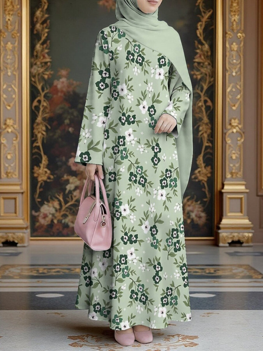 Women'S Middle Eastern Style Muslim Elegant Robe Dress, Suitable for Malaysian Dress, Indonesian Saudi Fresh Floral Muslim Long Skirt, Loose A-Line Long Sleeve Cut, Daily Prayer And Outing Wear, Non-Deformable Non-Embroidered Craft - Mixed colors