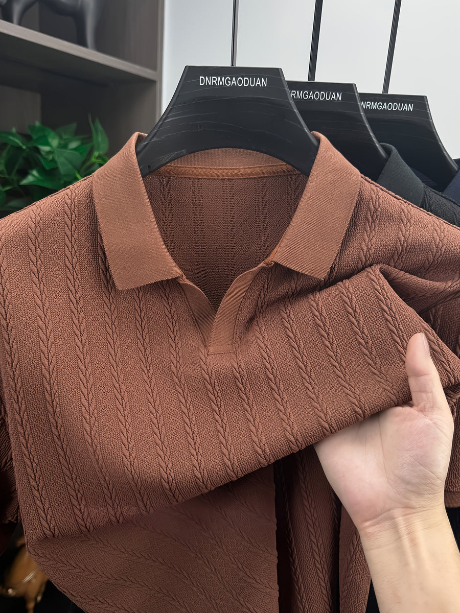 Men's Casual Short-Sleeve Golf Polo Shirt, Featuring a Stylish Jacquard Fabric Design, Suitable for Business, Daily, and Outdoor Wear - Coffee Color