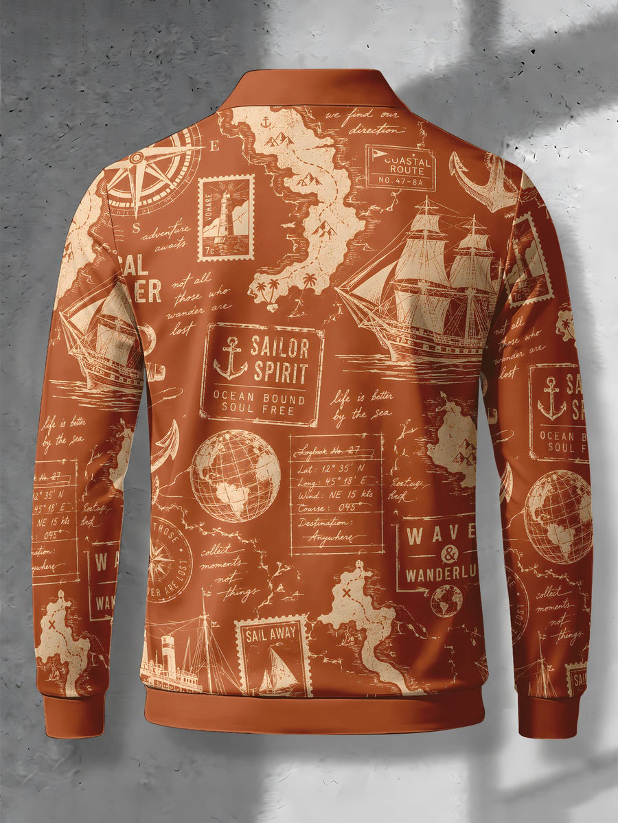 Men's Contrast Color Long Sleeve Polo Shirt, Lapel Collar Three-Button Casual Top with Vintage Nautical Manuscript Print, Versatile Men's Apparel for Spring/Autumn Business Commuting and Golf, Surprise Birthday/Holiday Gift for Young Men - Mixed Color E