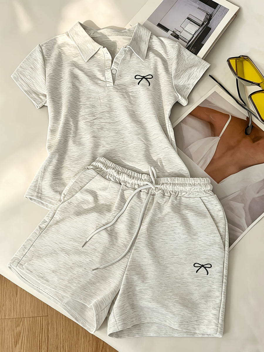 Women'S Easy Spring Summer Casual Set, Embroidered Pattern - Grey