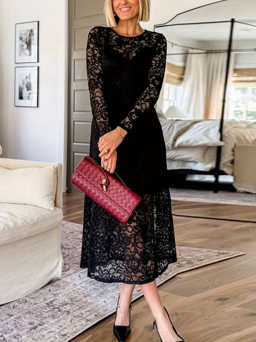 Women's Elegant Lace Semi-Sheer Dress Suitable for Winter - Long Sleeve -Line Dress with Oversized, Round Neck Formal Dress for Weddings, Church Events & Special Occasions - Black