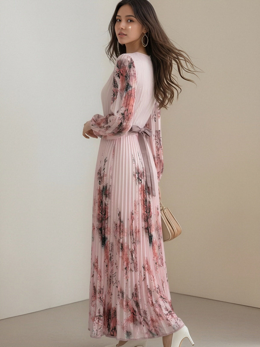 2026 Autumn Women'S Bow Tie Lace Floral Print V-Neck Long Sleeve Waist-Cinching Pleated Elegant Classic Dress, Banquet Evening Dress, Wedding Guest, Bridesmaid, Long Dress - Pink Color