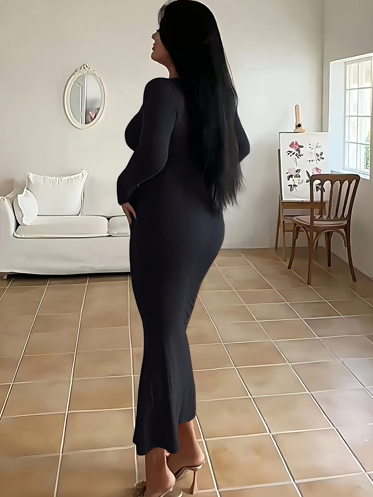 Tight Ultra-Long Women'S Autumn Long Sleeve Square Neck A-Line Sexy Bodycon Dress - Black