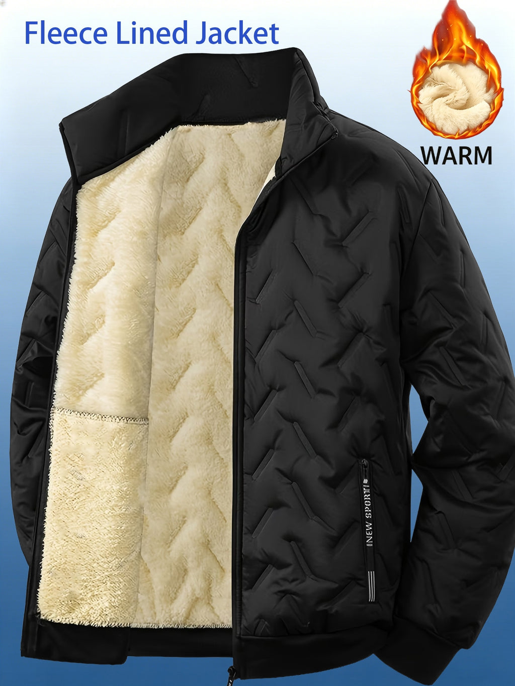 Winter New Style - Men'S Fleece Casual Windproof Jacket with Zipper, Suitable for Outdoor Hiking And Casual Office Wear - Black