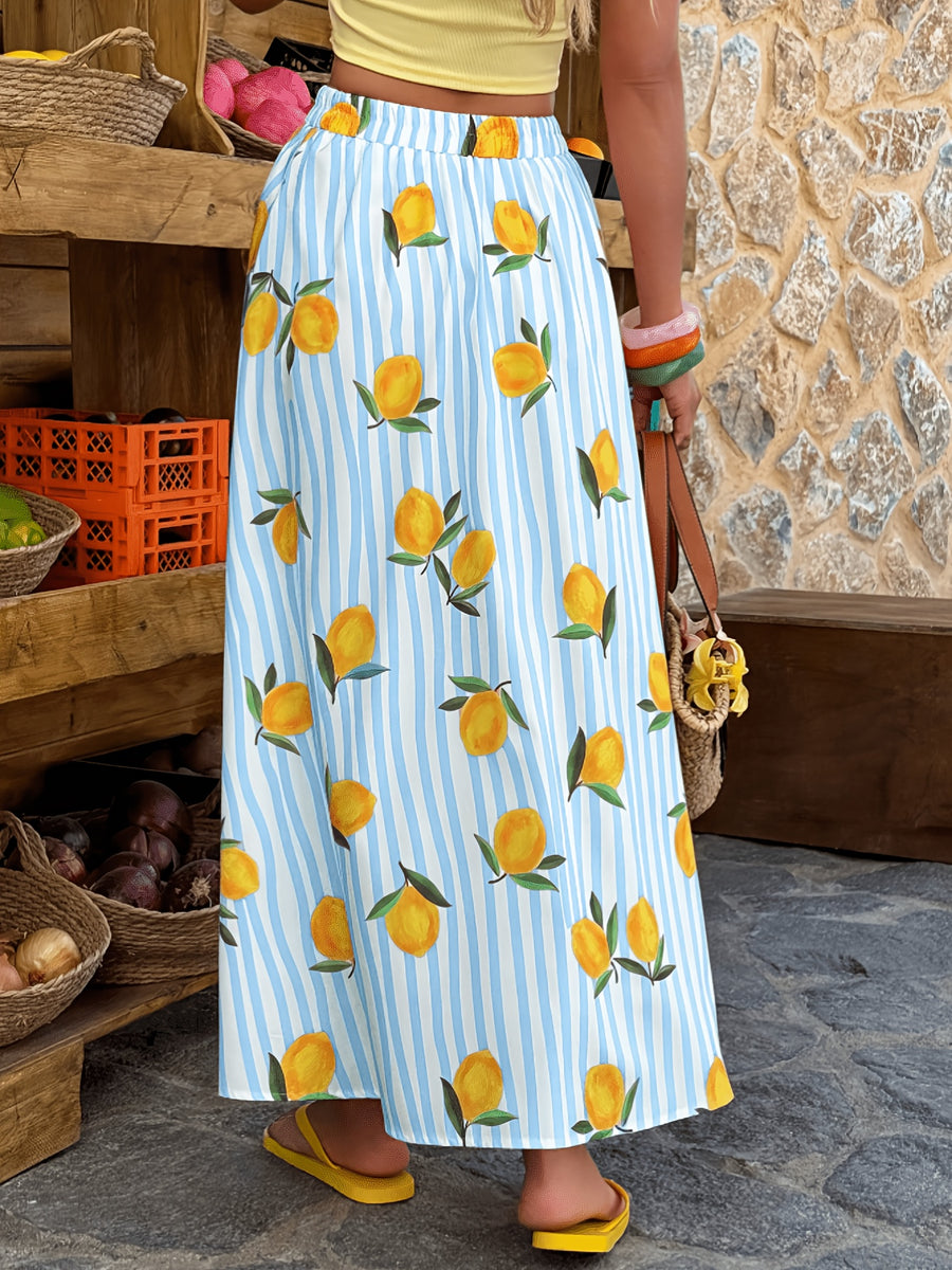Women'S New Striped Print, Elastic Waist, A-Line Long Skirt, Fashionable And Elegant for Vacation And Commute, Casual Outing, Street Style, Daily Wear Skirt, Suitable for Spring Summer - Blue