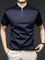 [Josh Mei Obm] Summer Men'S Solid Color Short Sleeve Zipper T-Shirt, Mid-Age Casual Stand-Up Collar Pullover Top - Navy Color