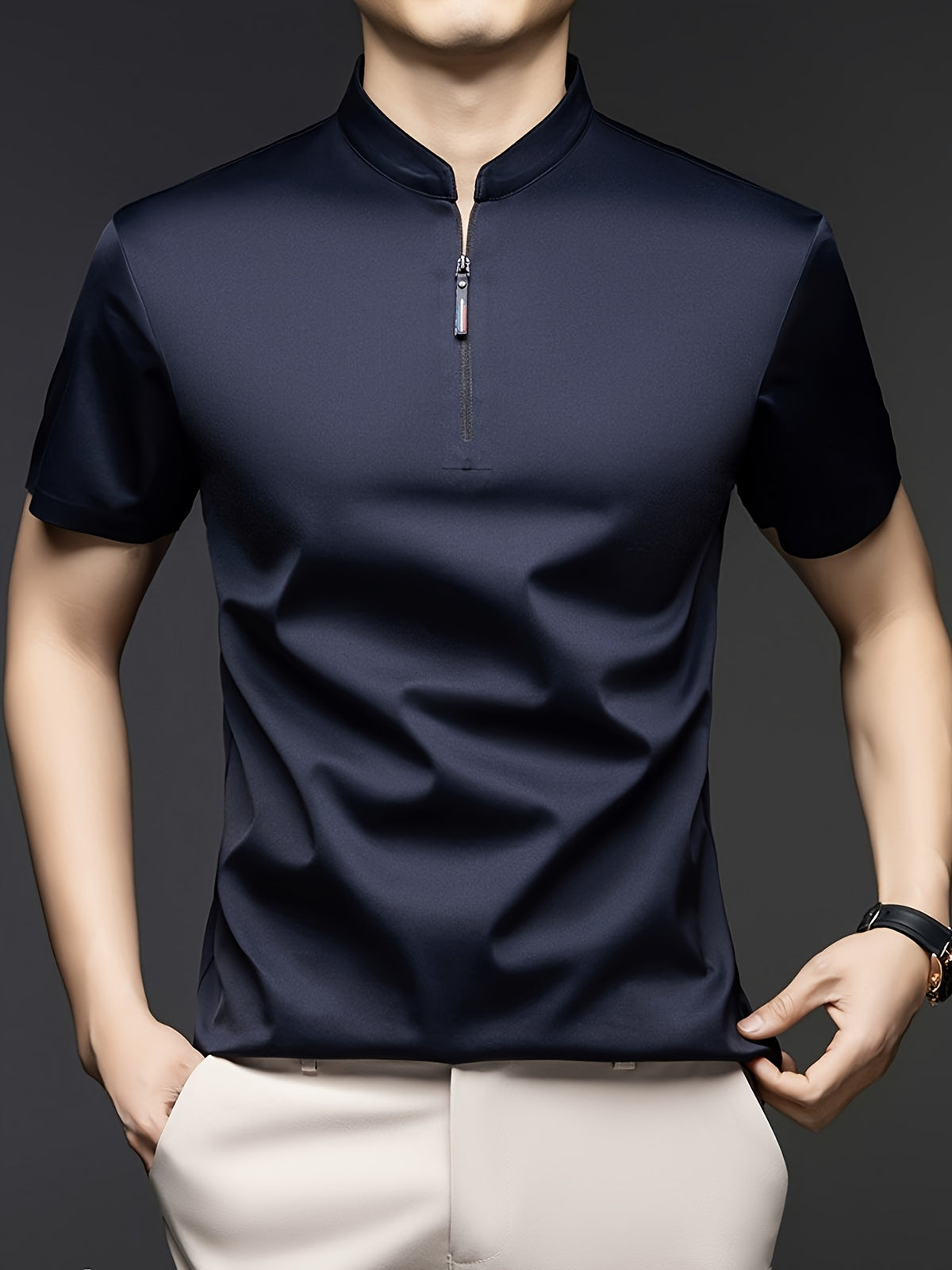 [Josh Mei Obm] Summer Men'S Solid Color Short Sleeve Zipper T-Shirt, Mid-Age Casual Stand-Up Collar Pullover Top - Navy Color
