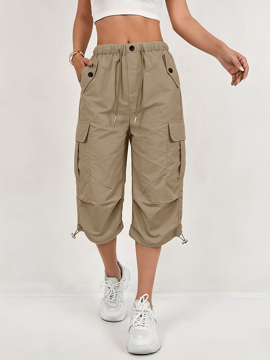 Women'S Quick-Dry Cargo Capri Pants with Elastic Waist And Drawstring - Lightweight Stretch Suitable for Outdoor Pants, Multi-Trousers, Machine Washable Loose-Fit Mid-Length for Travel, Casual Attire - Linen