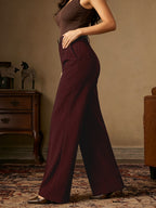 CQQNBV Women's High Waist Wide Leg Dress Pants - Solid Pinstripe -Front Trousers, Straight Seam Formal Office Business Wear, Machine Washable -Thru Wide Leg Pants Suitable for Autumn/Winter Professional Attire - Burgundy