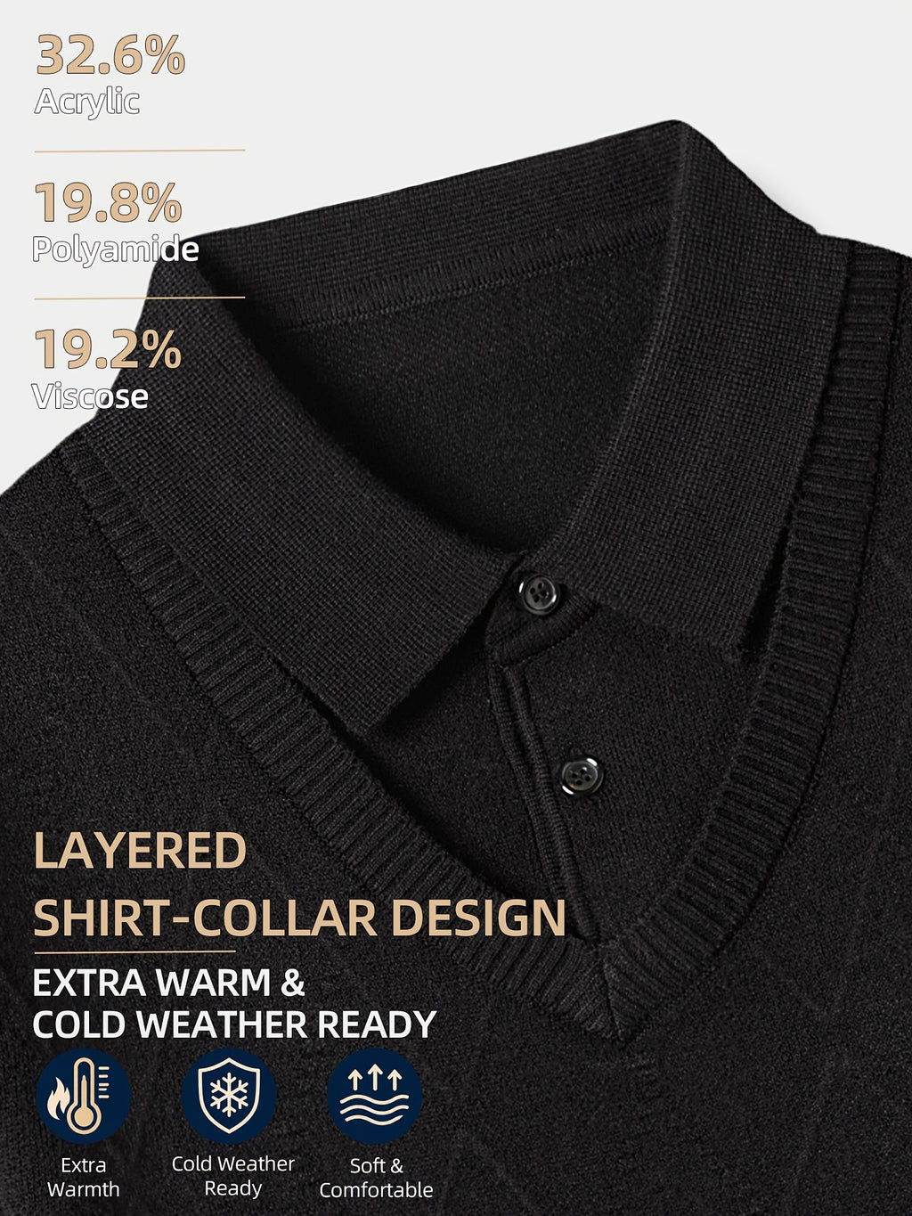 Men's Grey Polo Sweater, Faux 2pcs Shirt-Collar Design, V-Neck & Subtle Diamond Knit Pattern, Classic Refined Style, Warm Autumn Winter Pullover for Casual Wear, Golf & Outdoor Activities - Black