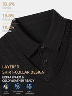 Men's Grey Polo Sweater, Faux 2pcs Shirt-Collar Design, V-Neck & Subtle Diamond Knit Pattern, Classic Refined Style, Warm Autumn Winter Pullover for Casual Wear, Golf & Outdoor Activities - Black