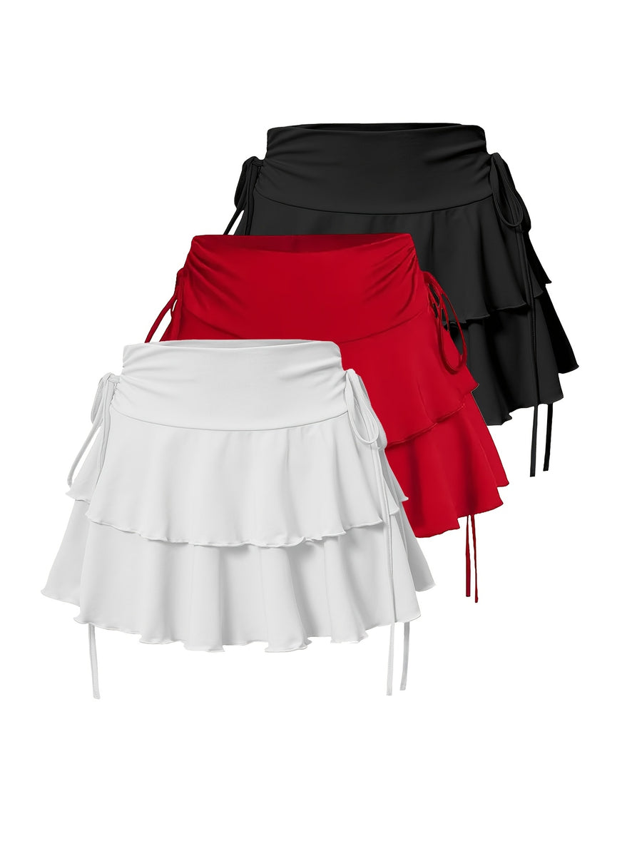 3pcs Set New Women'S Fashion Half Skirt with Ruffle Drawstring Elastic Short Skirt - Black White Red