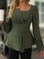 Women's Solid Color Square Neck Puff Sleeve Asymmetrical Hem Elegant Shirt, Green Autumn Shirt - Green