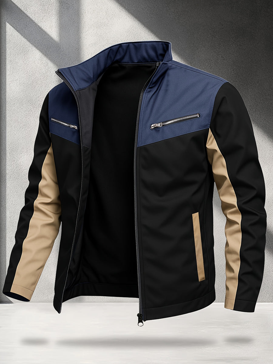 Men's Outdoor Performance Jacket, Lightweight, Quick-Drying, Color Block, Fashionable Contrast Color Design, Color-Block Soft Shell Jacket - Deep Blue