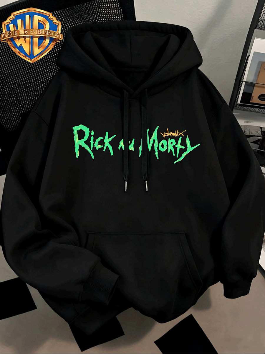 Fashion Hip Hop Print Fashion Brand Casual Versatile Sports Drawstring Pocket Hooded Men'S Sweater, Men'S Autumn And Winter Cute Casual Style, Sports Style Fashion Loose Hoodie, Daily Casual Wear - Black