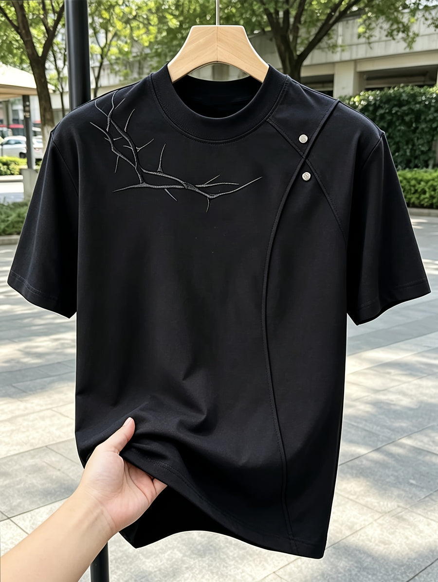Men'S Casual Sports T-Shirt Rivet Patchwork Thorn Embroidery Short Sleeve Summer Cool Premium Shoulder Top in Stock - Black