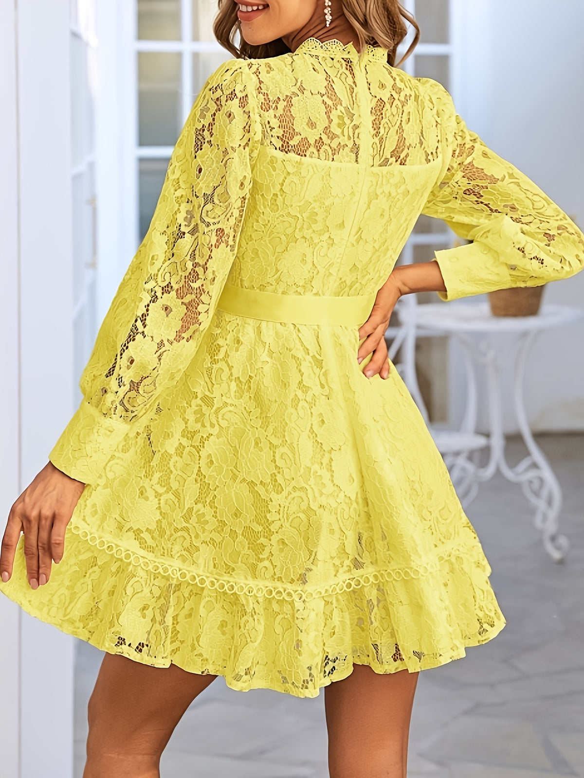 Wedding Guest Dress Women'S New Easy Solid Color Lace Elegant Short Sleeve Dress Bridesmaid Dress - Yellow