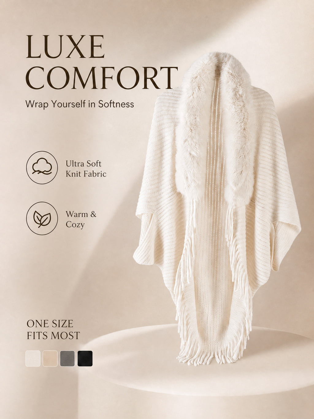 Women's Loose-fitting, Batwing-sleeve, Cape-style Cardigan; a Reversible Wrap with a Shawl Collar-a Stylish Piece for Casual Attire and a Great Gift for Autumn and Winter. - Beige