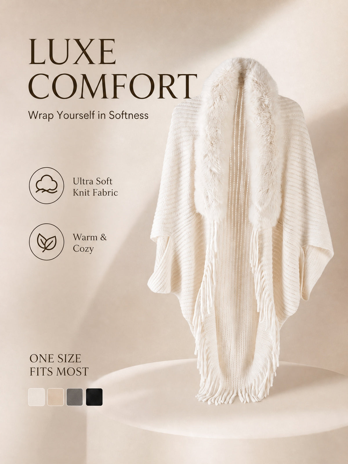 Women's Loose-fitting, Batwing-sleeve, Cape-style Cardigan; a Reversible Wrap with a Shawl Collar-a Stylish Piece for Casual Attire and a Great Gift for Autumn and Winter. - Beige
