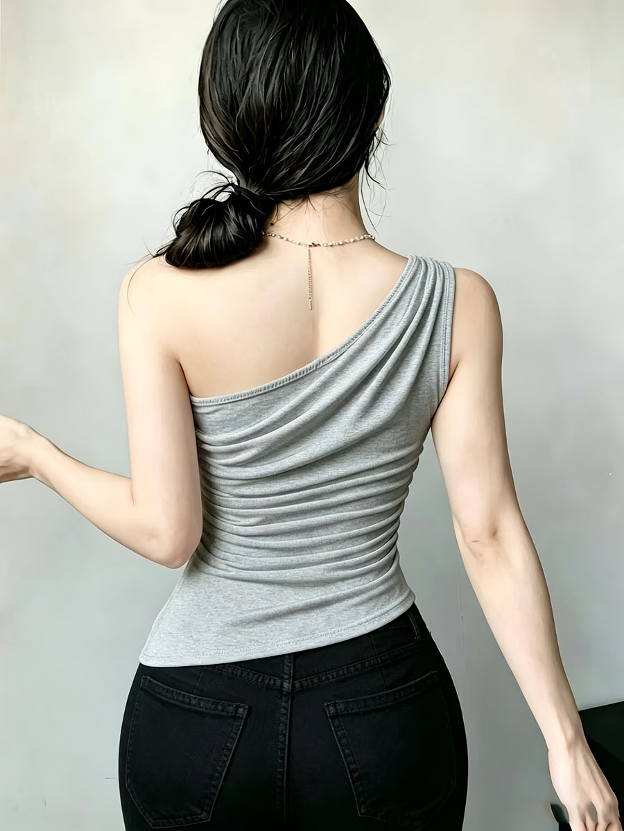YY260317030 Women'S Asymmetrical Hem Pleated Waist Casual Top - Light Grey